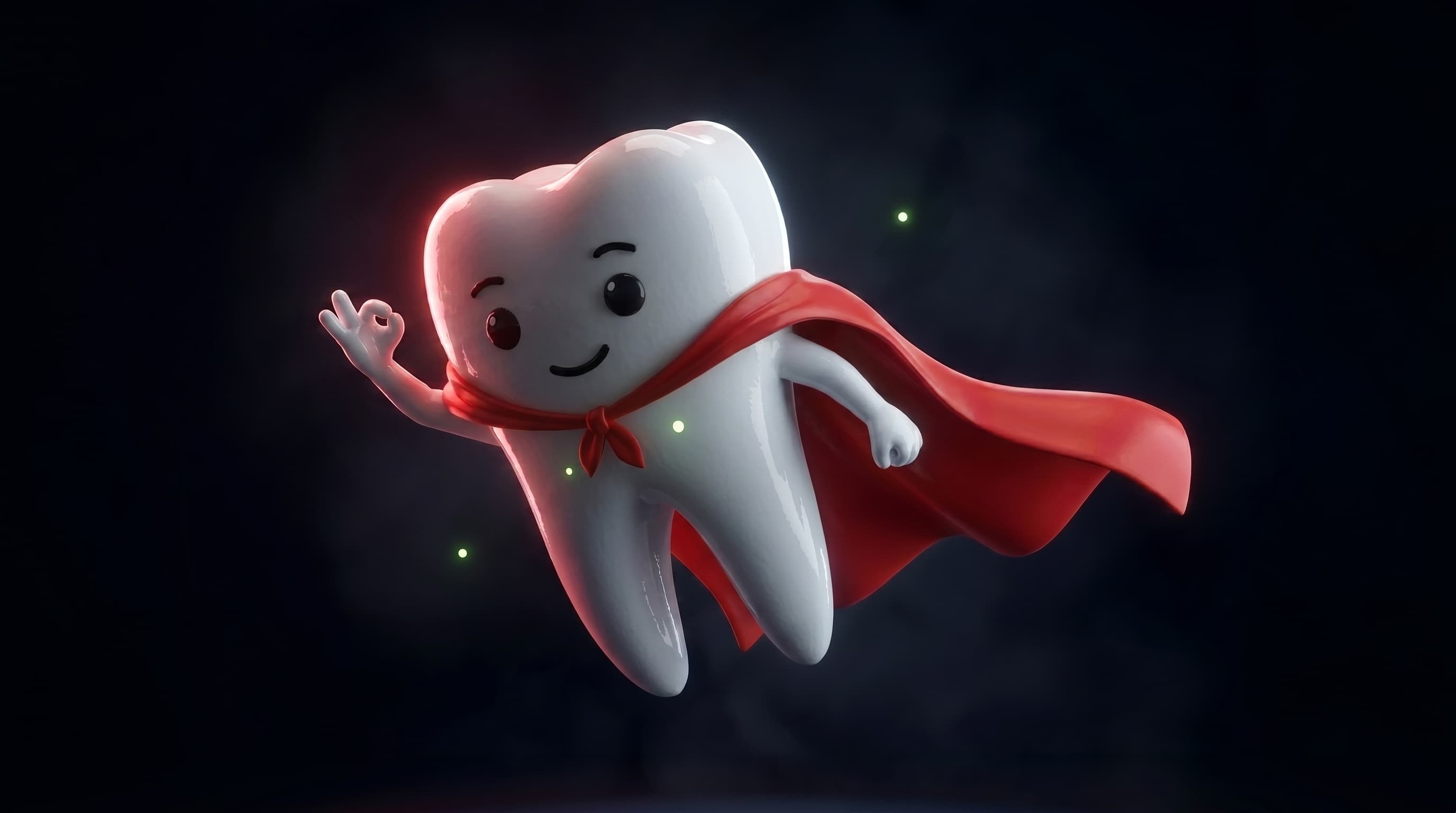 Pieza dental 3D con halo cálido — referencia editorial socio-sanitaria.